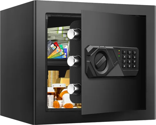 Vista 12 de Cajas fuertes pequeñas para uso doméstico, caja de seguridad digital con cerradura de combinación, llaves de repuesto y estante extraíble, caja