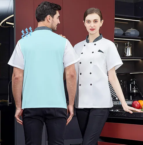 Vista 3 de Chaqueta de chef unisex con doble botonadura trasera, malla completa, ligera, costura de color, uniforme de chef