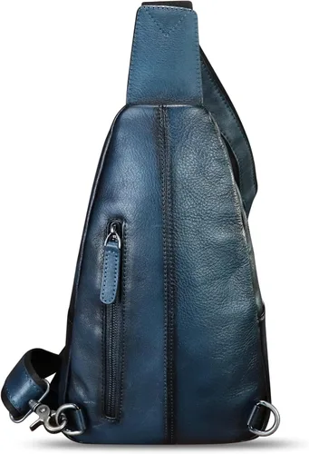 Vista 7 de Bolso de cuero genuino para hombres y mujeres en relieve de piel de cocodrilo honda mochila bandolera de pecho, Azul marino