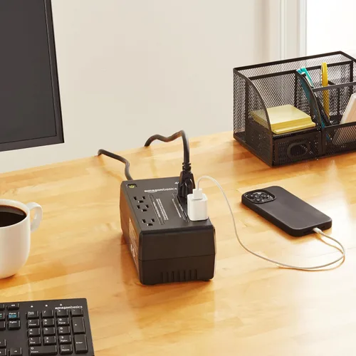 Vista 7 de Amazon Basics UPS - Protector contra sobretensiones y batería de reserva 400VA/255W, 6 tomacorrientes, fuente de alimentación ininterrumpida