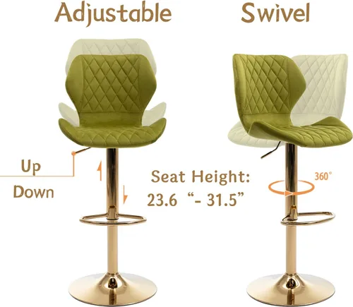 Vista 5 de Juego de 2 taburetes de bar de terciopelo ajustables verdes con patas doradas, modernas sillas de bar giratorias para isla de cocina, comedor, bar
