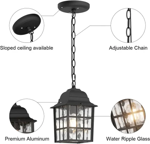 Vista 5 de Lámpara colgante al aire libre, linterna colgante de techo exterior para porche con vidrio de agua, luz de linterna colgante al aire libre, lámpara