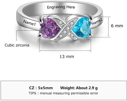 Vista 4 de Anillo personalizado para madres infinitas con 2 piedras natales de imitación de corazón, anillos de compromiso para mujer