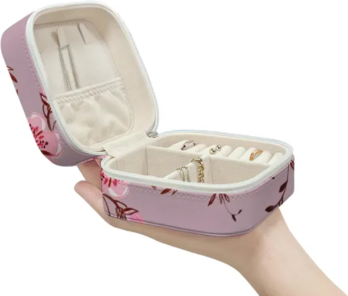Vista 2 de ONDIAN Mini joyero portátil de viaje de cuero, organizador de joyas de cuero, caja de almacenamiento de flores de cerezo rosa floral para mujeres