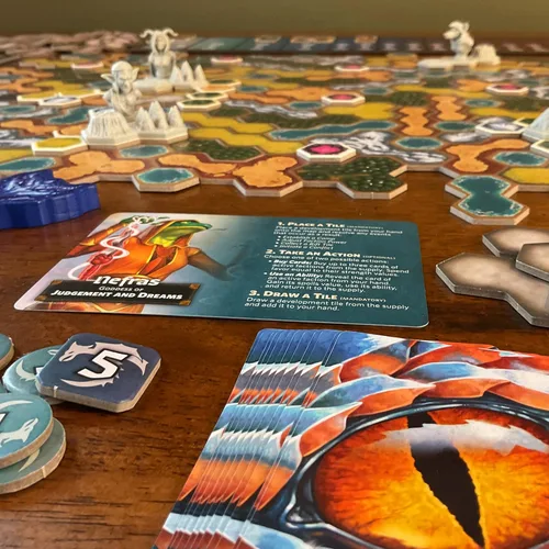 Vista 5 de Juego de mesa Dawn of Ulos Manipula The Mortal Relams Juego de colocación de azulejos de estrategia de manipulación económica con miniaturas