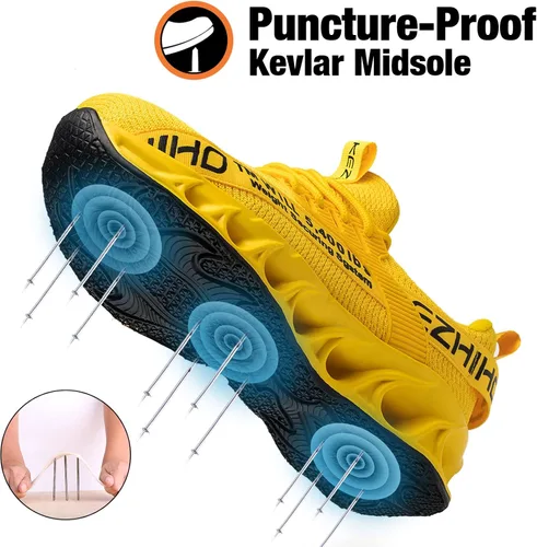 Vista 3 de Kezhiho Zapatos de punta de acero para hombre, ligeros, cómodos, transpirables, zapatos de trabajo a prueba de pinchazos, antideslizantes, a