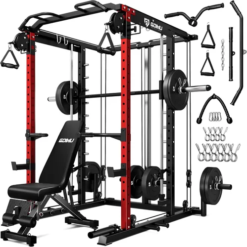 Vista 18 de Máquina S1-V4 Smith, jaula de potencia de 2000 libras con sistema de cruce de cables, estante de sentadillas todo en uno con barra Smith