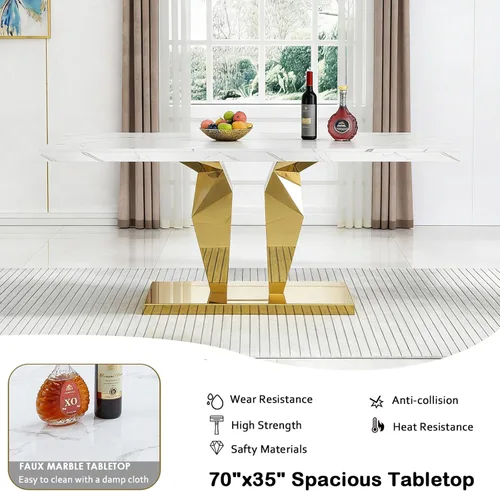 Vista 4 de Juego de 5 mesas de comedor de mármol sintético, juego de mesa de cocina y comedor para 4, mesa de comedor rectangular blanca de 70 pulgadas
