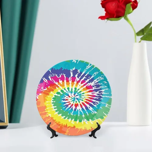 Vista 6 de XISUNYA Plato decorativo de 6 pulgadas, plato de porcelana arcoíris, teñido anudado grunge Ikat, patrón psicodélico, placa de exhibición hecha a