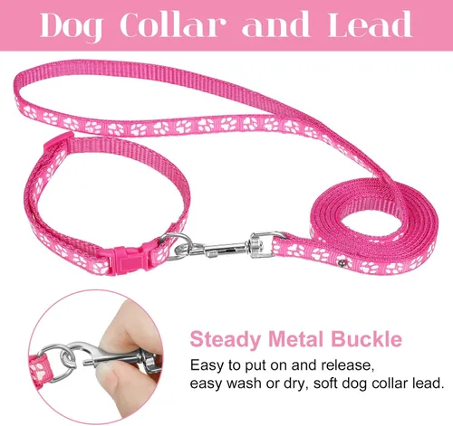 Vista 5 de BOUMUSOE Juego de 2 collares y correas para perro, collar para cachorro y correa con hebilla de liberación rápida, collar ajustable con estampado