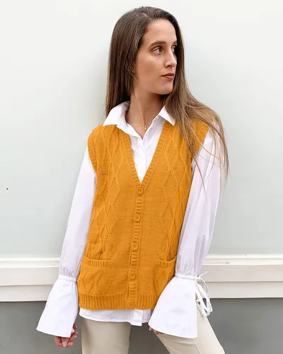 Vista 3 de TINKUY Chaleco peruano de lana de alpaca con cuello en V y rombos para mujer, S-4XL