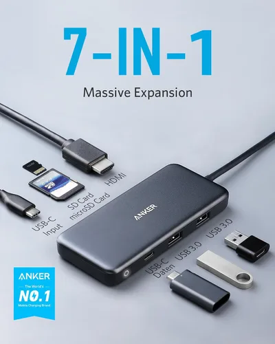 Vista 2 de Anker Hub USB C (7 en 1), con HDMI 4K, suministro de energía de 85 W, USB-C y 2 puertos de datos USB-A de 5 Gbps, lector de tarjetas microSD y SD
