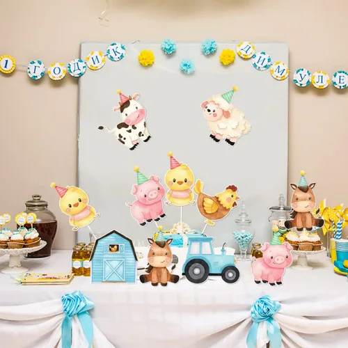 Vista 5 de Palos de centro de mesa de animales de granja, suministros de fiesta de cumpleaños con temática de granja, decoración de mesa de animales