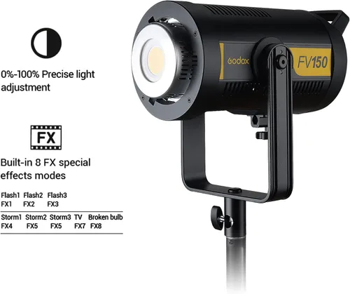 Vista 6 de Godox FV150 - Luz LED flash de 150 W 2.4G, sincronización de alta velocidad 1/8000s, CRI96+, TCLI 96+, 12000LUX, 5600 K ± 200 K, 8 modos de efectos