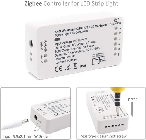 Vista 3 de GLEDOPTO Zigbee - Controlador RGBW RGBCCT 5 en 1 de tira de luz LED, compatible con SmartThings Hub, dispositivo Zigbee Zll Link Amazon Alexa Echo