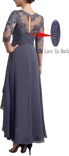 Vista 3 de Vestido formal de gasa con media manga para madre de la novia, vestido formal de encaje fruncido, vestido de fiesta de noche para boda, RO23