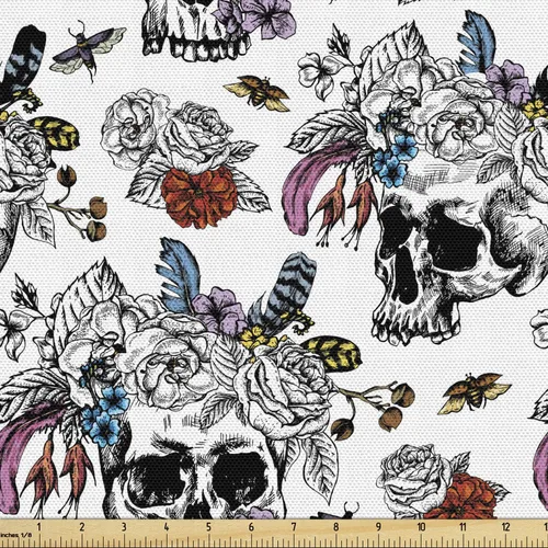 Vista 120 de Ambesonne The Yard, tela de calavera colorida con temática de Halloween, diseño de calavera y huesos cruzados, divertido estampado de dibujos