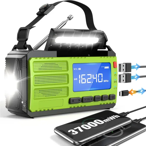 Vista 9 de Radio de emergencia 10000mAh/37000mWh, radio solar, radio de manivela, radio meteorológica NOAA AM FM, 4 métodos de carga, batería de polímero