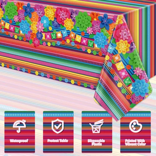Vista 4 de Mantel de plástico para fiesta mexicana, 4 unidades, diseño de flores de papel a rayas mexicanas, decoración rectangular para fiesta de taco