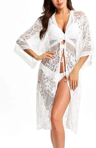 Vista 21 de Cárdigan de Encaje para Mujer de Crochet Floral Transparente Cobertor de Playa Kimono Largo Abierto