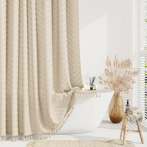 Vista 14 de Dynamene - Cortina de ducha de tela bohemia con rayas con chebrón en relieve, juego de cortina angosta para baño, media cortina impermeable de A.