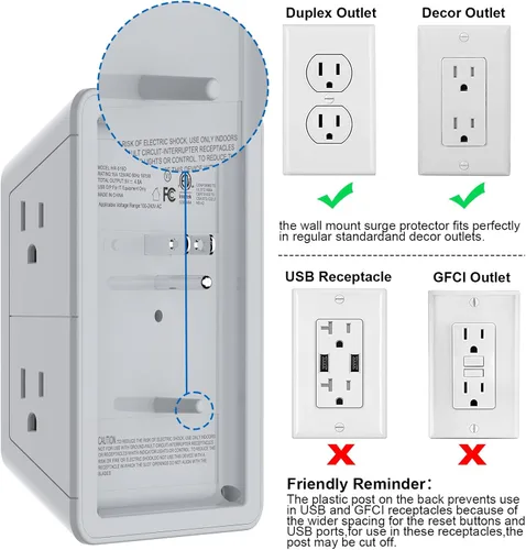 Vista 12 de Extensor de tomacorriente, protector de sobretensiones con 5 enchufes múltiples y 4 puertos USB (2 USB C), cargador de pared de regleta