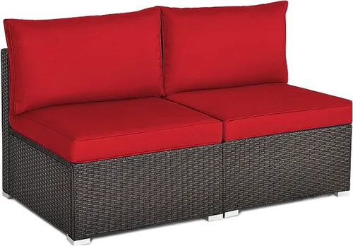 Vista 27 de Tangkula Juego de 2 sofás de mimbre para exteriores, sin brazos, juego de sofá modular de ratán para patio con 2 cojines de asiento gruesos y 2