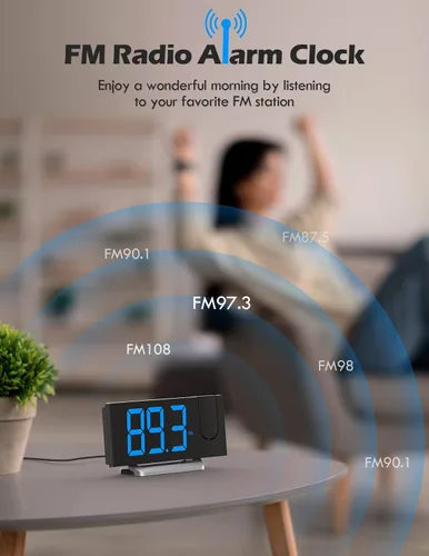 Vista 4 de Reloj despertador de proyección con radio FM, puerto de carga USB, atenuador 0-100%, alarma dual, pantalla LED HD, 30 estaciones preestablecidas