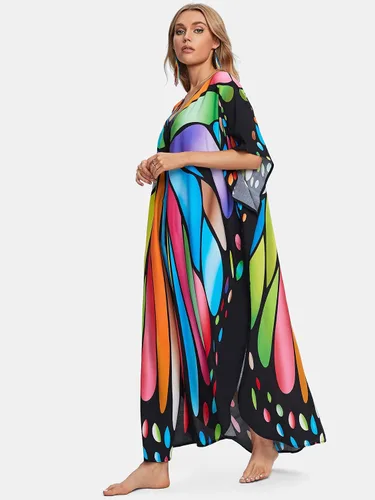 Vista 6 de Vestido RanRui largo hasta el piso, caftán, con botones, para playa, para mujer