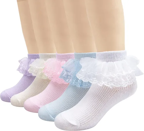 Vista 11 de Paquete de 4/5/6 calcetines de algodón con volantes de princesa blanca para niñas pequeñas y grandes