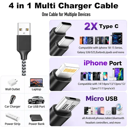 Vista 3 de Doub Tyep-C 4 en 1 cable de carga múltiple de 4 pies, cable de carga de nailon trenzado Lightning para iPhone, cable de carga universal con tipo C