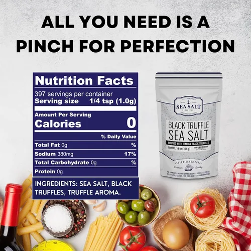 Vista 2 de Sal marina italiana de trufa negra, negro natural para sopas y salsas, sal gourmet suave y rica con infusión de trufa, bolsa de 14 onzas, Caravel