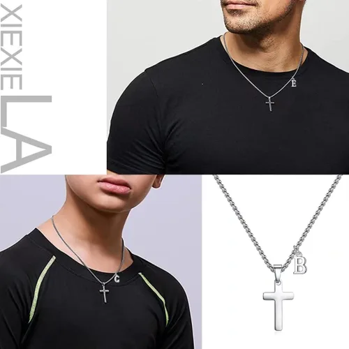 Vista 3 de Collar de cruz con inicial para niños y hombres, de acero inoxidable, dije de cruz con letra inicial, joyería para primera comunión, regalos