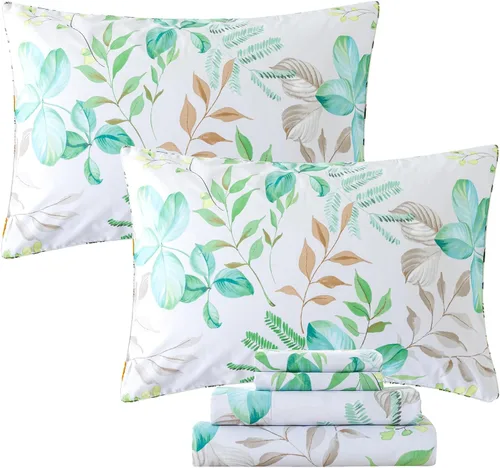Vista 15 de FADFAY Juego de sábanas tamaño King, sábanas de algodón percal rosa floral con bolsillo profundo, ropa de cama vintage lujosa azul con estampado