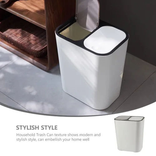 Vista 3 de Bote de basura de doble compartimento para residuos de cocina, contenedor de basura blanco con tapa para separación seca y húmeda, elegante cubo