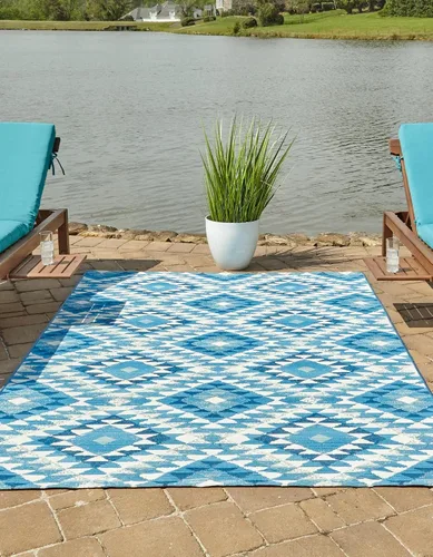 Vista 2 de Unique Loom Outdoor Southwestern Collection - Alfombra de área - Fethiye (2' x 3' 1", rectangular, azul/azul claro)