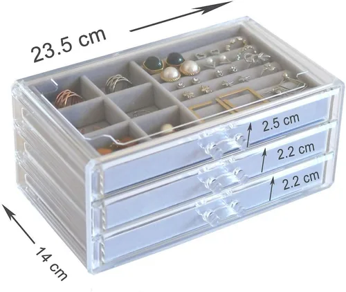 Vista 6 de HerFav Joyero de acrílico para mujer con 3 cajones para anillos, aretes y collares, estuche compacto para joyería, gris transparente