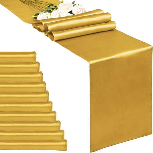 Vista 17 de Paquete de 20 caminos de mesa dorados de satén de 12 x 108 pulgadas de largo para bodas, decoraciones para fiestas de cumpleaños, banquetes