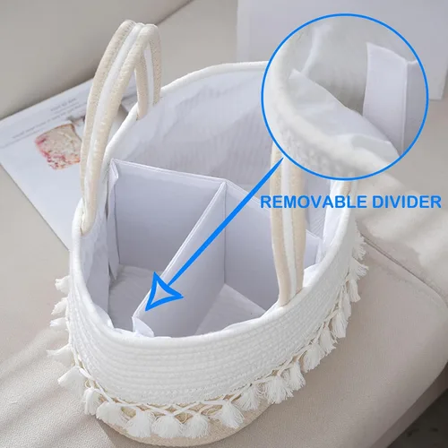 Vista 4 de Organizador de pañales para bebé, cesta de almacenamiento de cuerda con borlas, bolsa de almacenamiento portátil para niñas y niños, contenedor