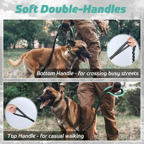 Vista 2 de rabbitgoo Correa táctica elástica para perro con absorción de golpes, correa de entrenamiento militar con 2 asas de control acolchadas para perros