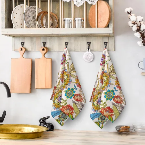 Vista 3 de Juego de toallas de cocina florales bohemias, juego de trapos de cocina absorbentes con mandala bohemios, juego de paños de cocina con flores