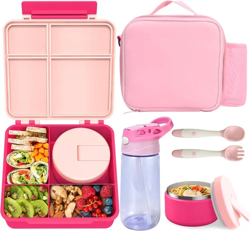 Vista 9 de Caja de almuerzo Bento para niños con termo para sopa de 8oz, botella de agua, contenedores de comida para almuerzo a prueba de fugas para niños