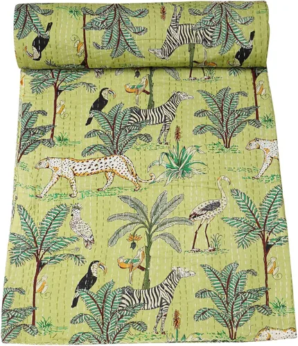 Vista 24 de Marubhumi Edredón tradicional indio de algodón puro con estampado de selva Kantha, funda de cama, colcha Kantha con estampado de animales, Negro