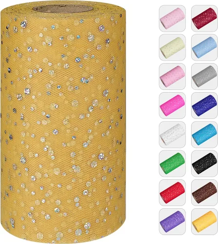 Vista 23 de Rollos de tul con purpurina, 6 pulgadas por 50 yardas (150 pies) de tela de malla de tul para faldas tutú, costura, cumpleaños, boda, decoración