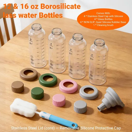 Vista 8 de Botellas de jugo de vidrio de 12 onzas – Pack de 4 botellas de agua de vidrio con tapas de acero inoxidable – A prueba de fugas, sin BPA, vidrio