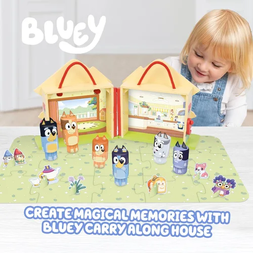 Vista 2 de Bluey 8th Wonder Juego de Casa de Juguete de Madera Portátil, 23 Cm, Juego de Casa de Juguete Portátil con 6 Personajes y Alfombra de Rompecabezas