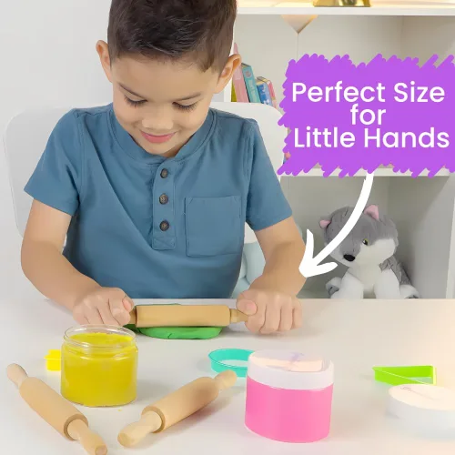 Vista 5 de Mini rodillos de 8 pulgadas para niños (paquete de 6) sin astillas, madera dura antiadherente para hornear, manualidades sensoriales, Play-Doh