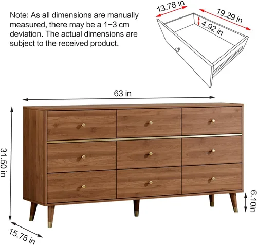 Vista 2 de Chrangmay Cómoda de 9 cajones, cómoda moderna de mediados de siglo de 63 pulgadas de ancho, cómoda de madera con 9 cajones de almacenamiento