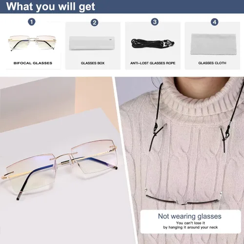 Vista 7 de K.LAVER Lentes de lectura bifocales para hombres y mujeres, sin marco, con bloqueo de luz azul, lentes de corte de diamante, lentes de titanio