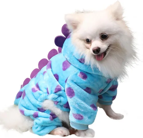 Vista 2 de Disfraz de dinosaurio para perros pequeños y gatos, suéter con capucha para perros para clima frío, pijamas para perros para Navidad y Halloween